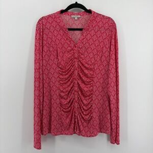 Downeast Womens Size XL Red White Botanical Tree Print Ruched Button Front Top